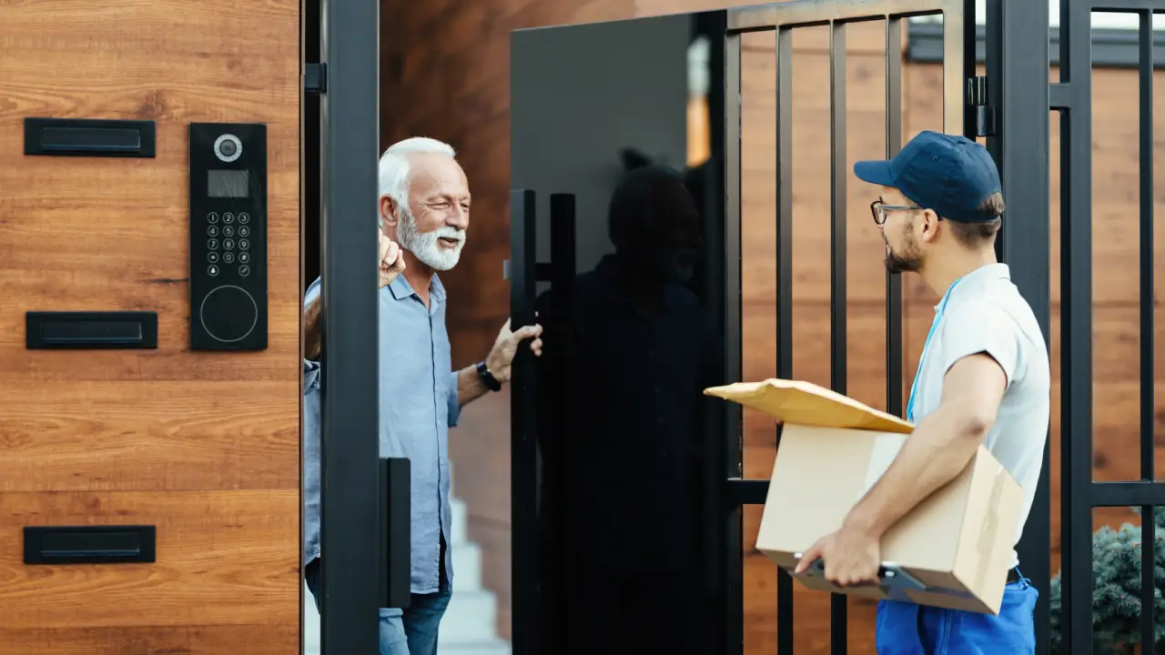 Dueño de una casa atendiendo a un técnico que carga una caja en brazos