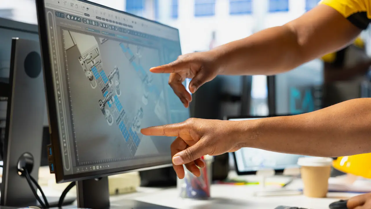 Trabajadores apuntando a una pantalla con un diseño de una fábrica